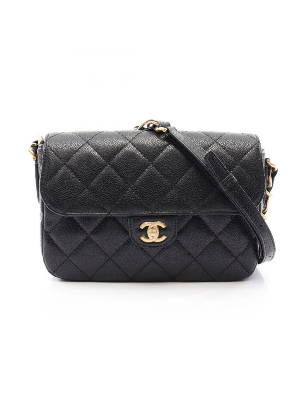 Chanel Shoulder Bag Quilted Flap Black Caviar Leather Chain